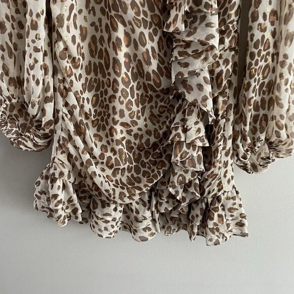 Express Wmn XS Brown/Ivory/Gold Cheetah Print V-Neck Sheer Sleeve Ruffle Dress - Picture 2 of 10